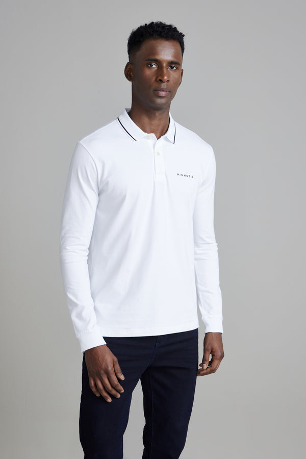 Camisa Polo Manga Longa Malha Slim Fit - Branco