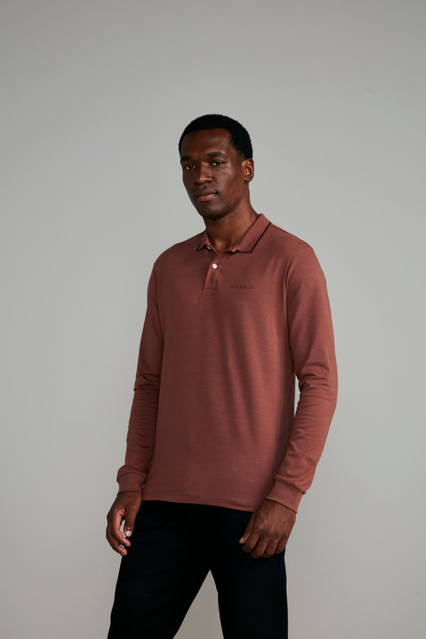 Camisa Polo Manga Longa Malha Slim Fit - Marrom