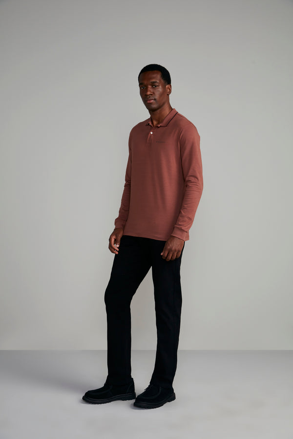 Camisa Polo Manga Longa Malha Slim Fit - Marrom