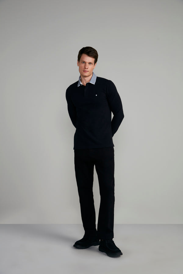 Camisa Polo Manga Longa Piquet Slim Fit - Preto