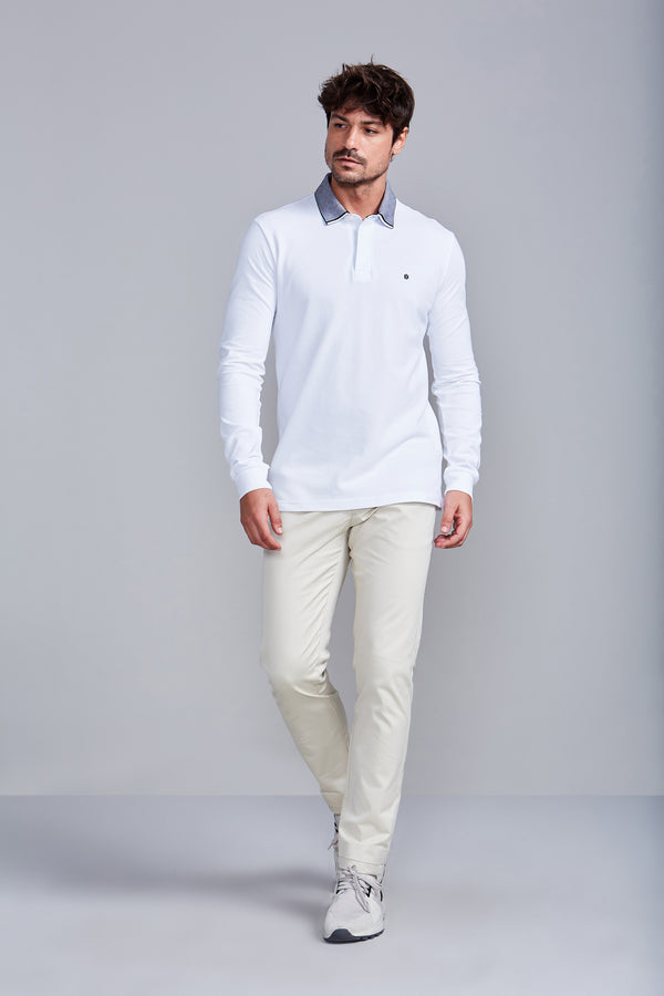 Camisa Polo Manga Longa Piquet Slim Fit - Branco