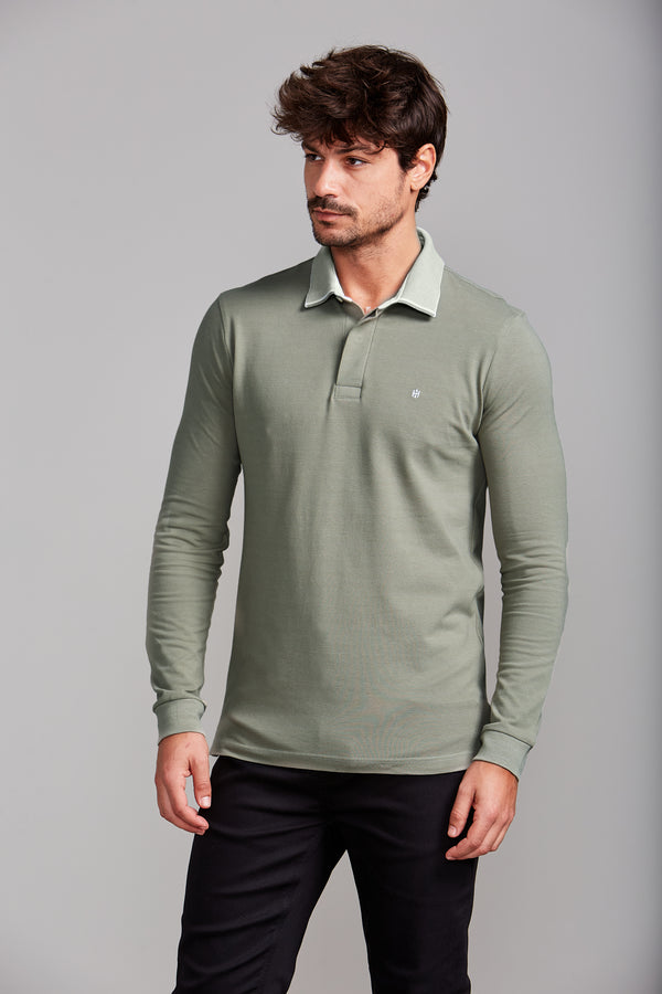 Camisa Polo Manga Longa Piquet Slim Fit - Verde