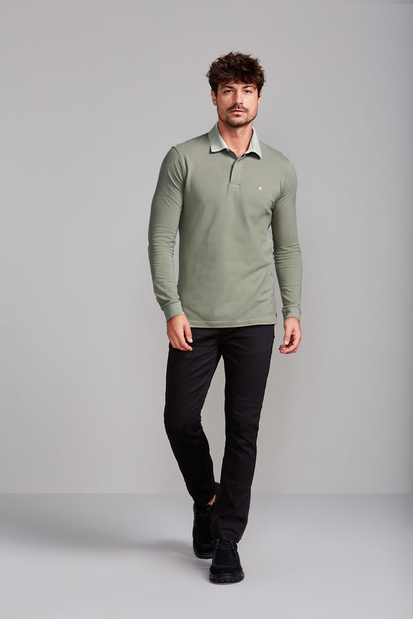 Camisa Polo Manga Longa Piquet Slim Fit - Verde