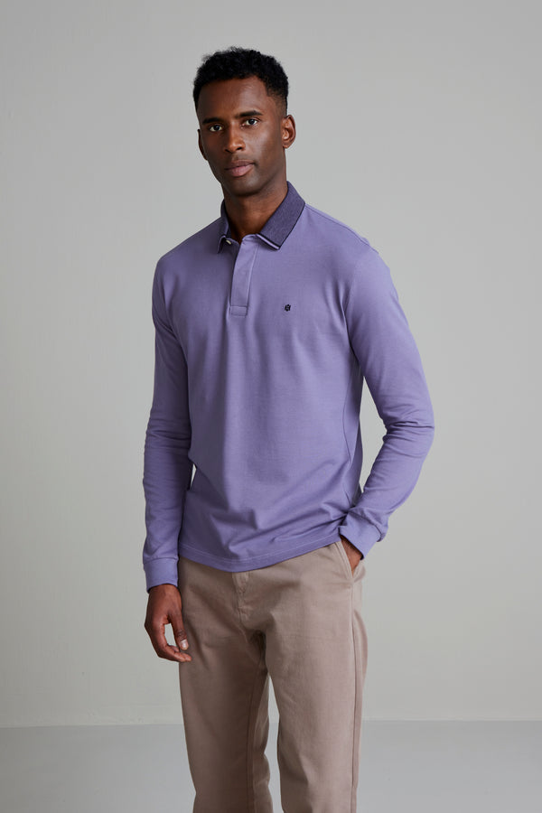 Camisa Polo Manga Longa Piquet Slim Fit - Azul