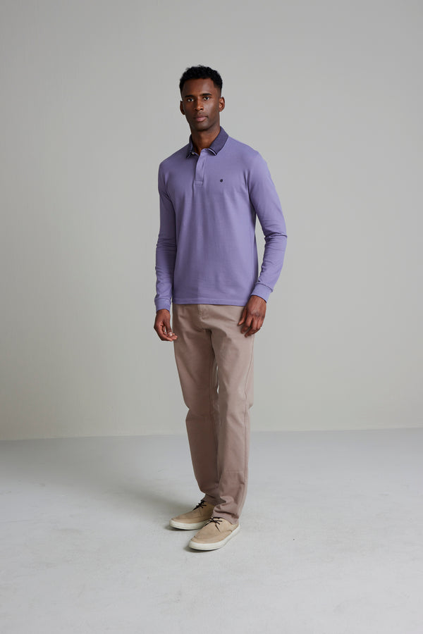 Camisa Polo Manga Longa Piquet Slim Fit - Azul