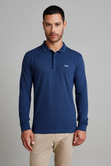 Camisa Polo Manga Longa Piquet Slim Fit - Azul