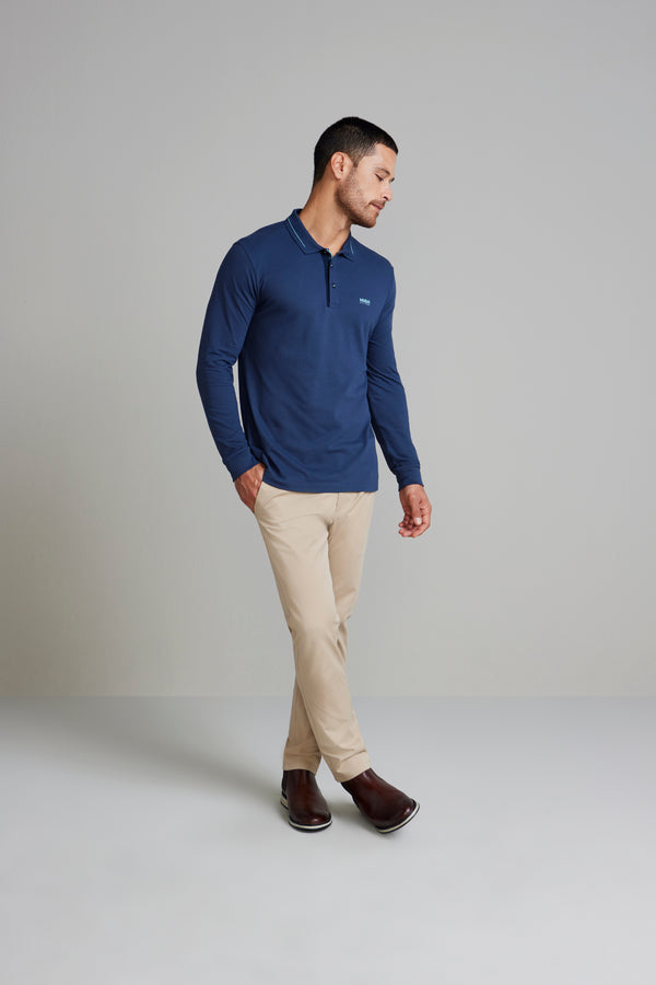 Camisa Polo Manga Longa Piquet Slim Fit - Azul
