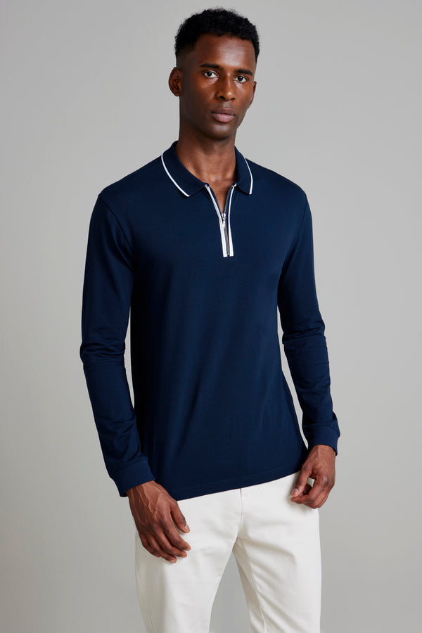 Camisa Polo Manga Longa com Zíper Malha Slim Fit - Azul Marinho