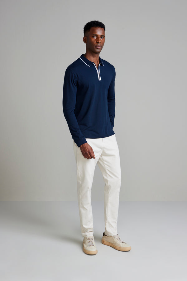 Camisa Polo Manga Longa com Zíper Malha Slim Fit - Azul Marinho