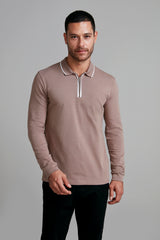 Camisa Polo Manga Longa com Zíper Malha Slim Fit - Marrom