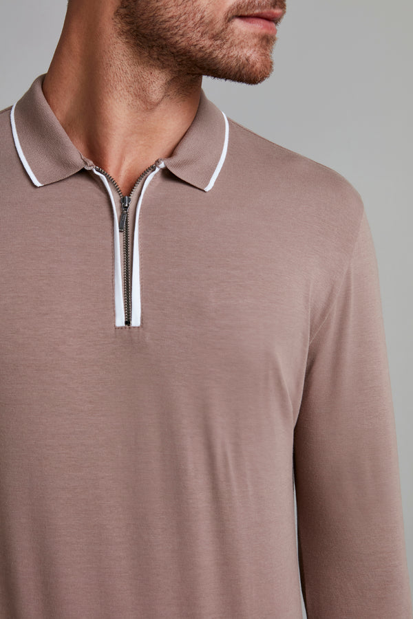 Camisa Polo Manga Longa com Zíper Malha Slim Fit - Marrom