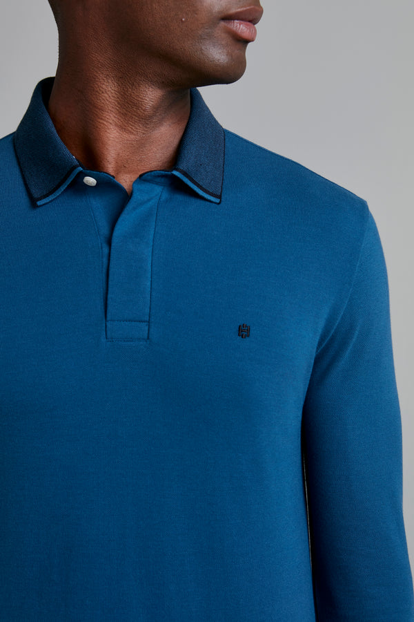 Camisa Polo Manga Longa Piquet Slim Fit - Azul Noturno