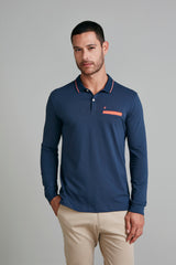 Camisa Polo Manga Longa Malha Slim Fit - Azul