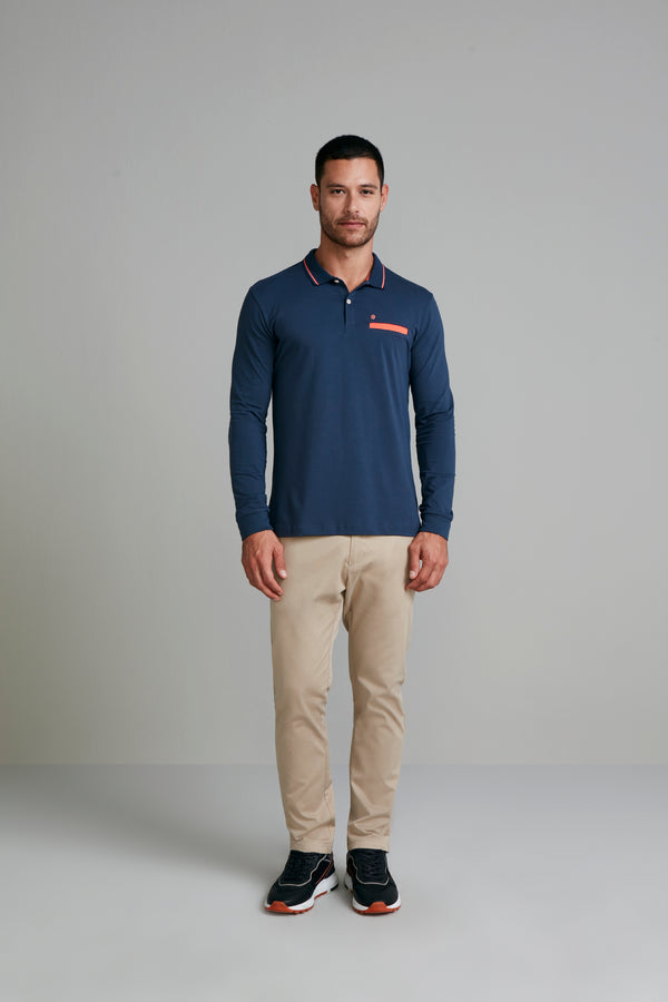 Camisa Polo Manga Longa Malha Slim Fit - Azul