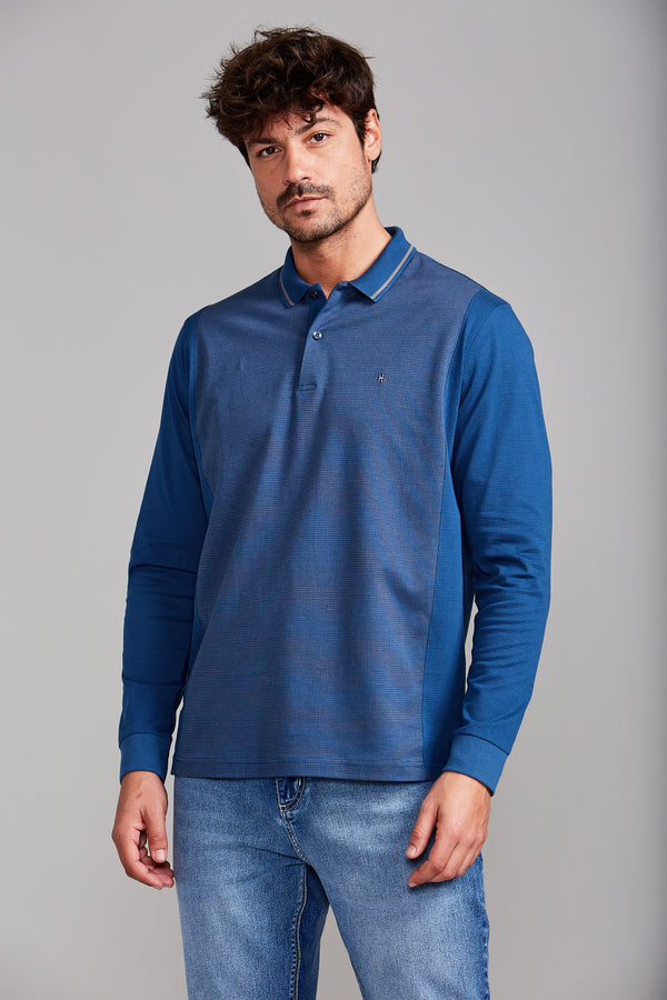 Camisa Polo Manga Longa Jacquard Comfort - Azul