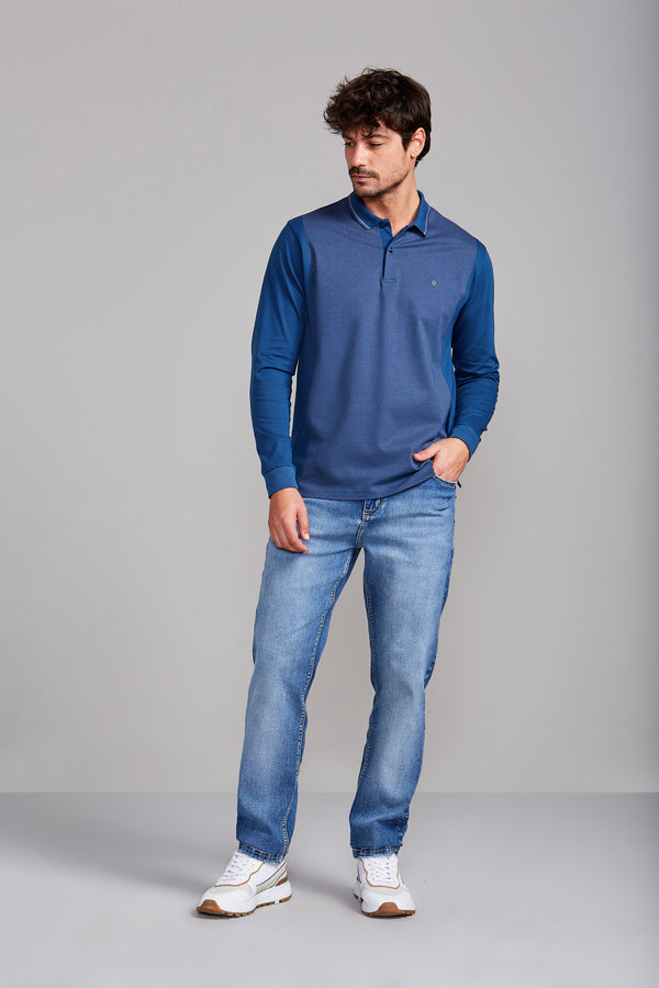 Camisa Polo Manga Longa Jacquard Comfort - Azul
