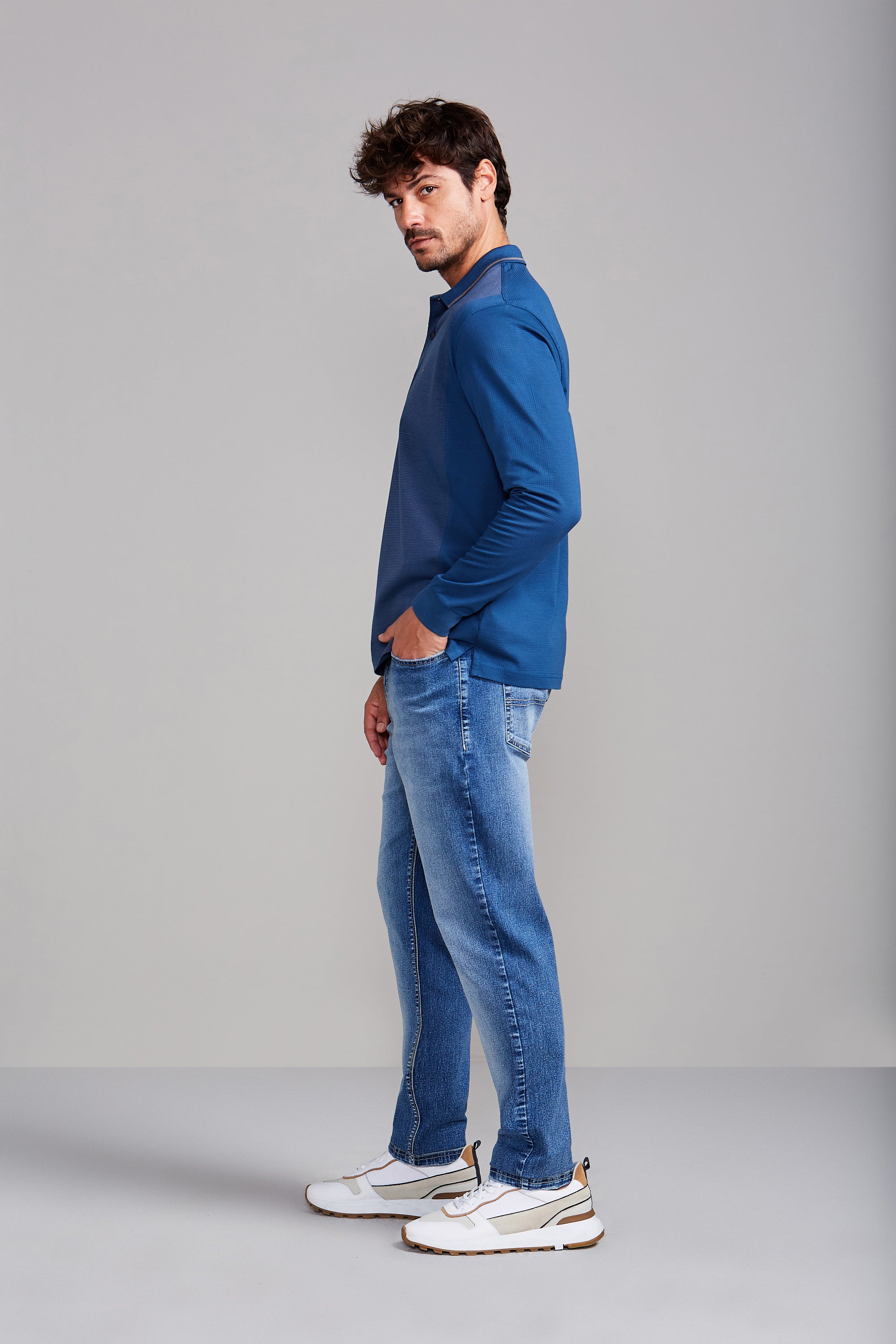 Camisa Polo Manga Longa Jacquard Comfort - Azul – Highstil