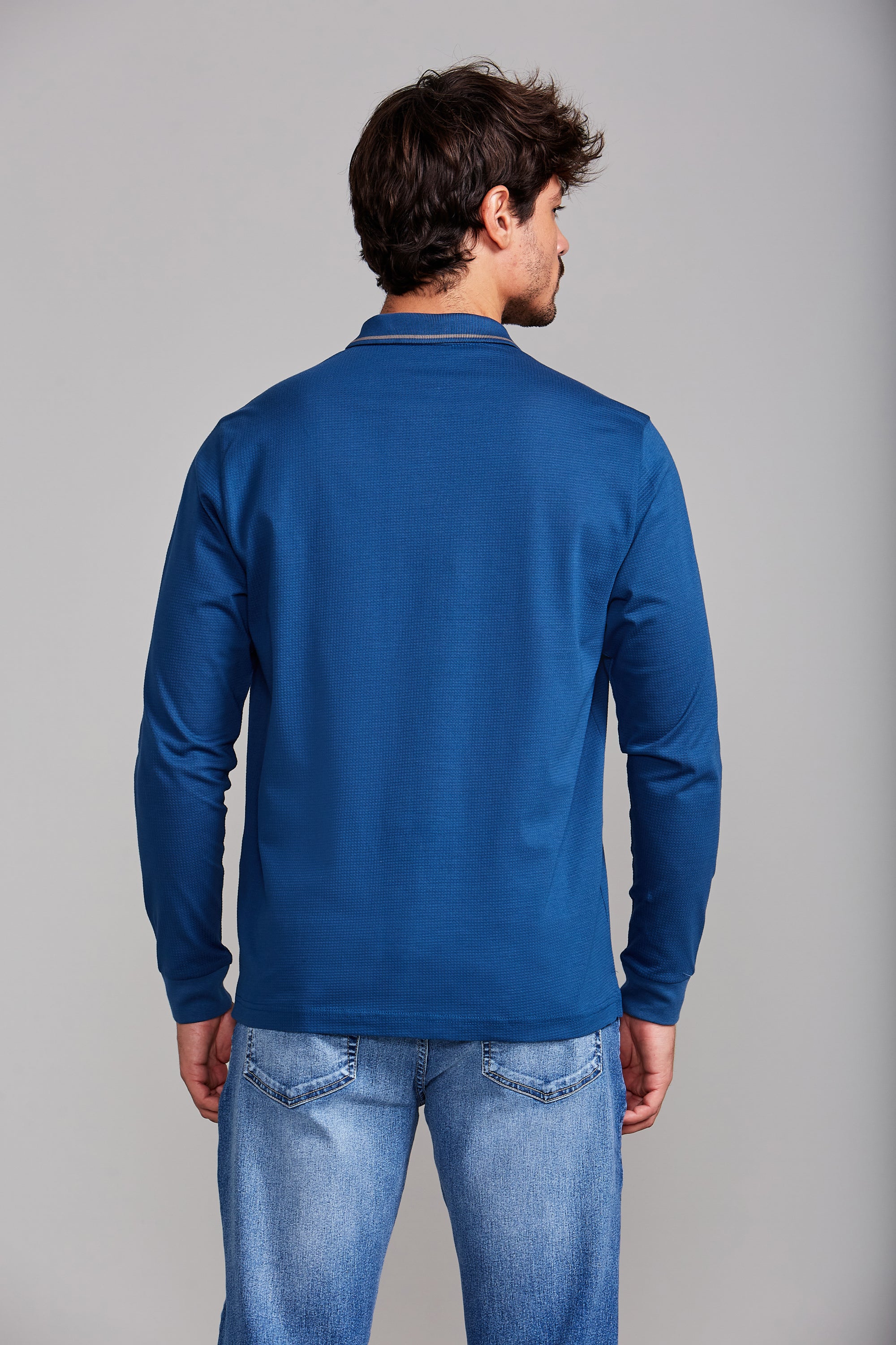 Camisa Polo Manga Longa Jacquard Comfort - Azul – Highstil