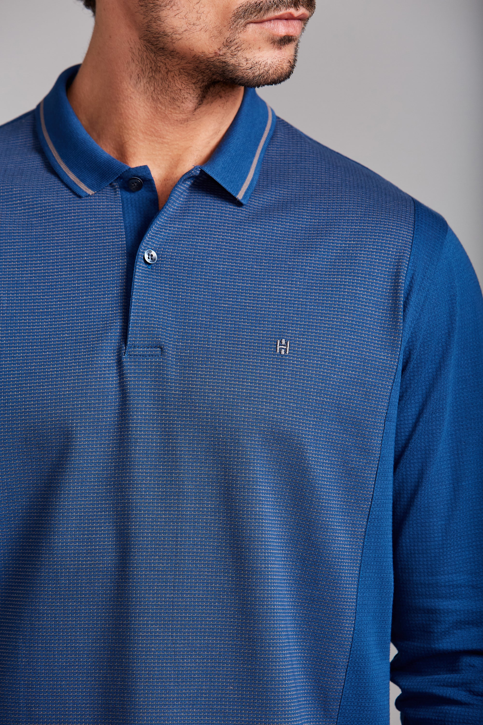 Camisa Polo Manga Longa Jacquard Comfort - Azul – Highstil