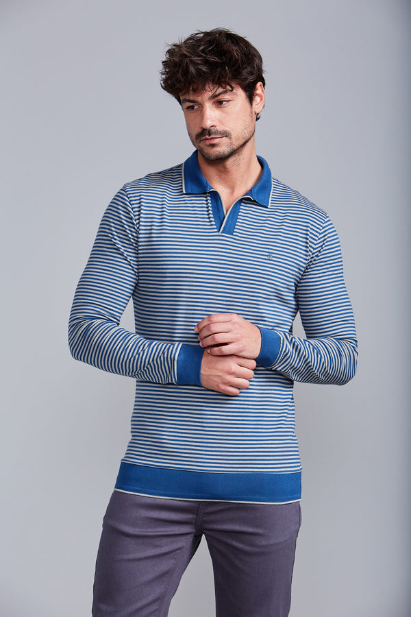 Camisa Polo Manga Longa Malha Slim Fit - Azul