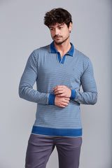 Camisa Polo Manga Longa Malha Slim Fit - Azul
