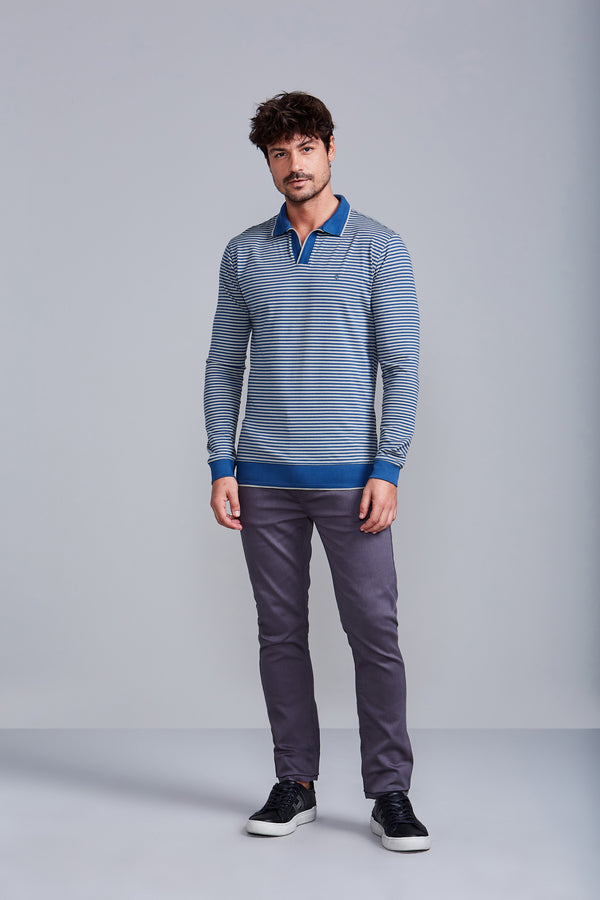 Camisa Polo Manga Longa Malha Slim Fit - Azul