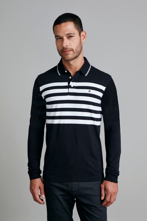 Camisa Polo Manga Longa Malha Slim Fit - Preto