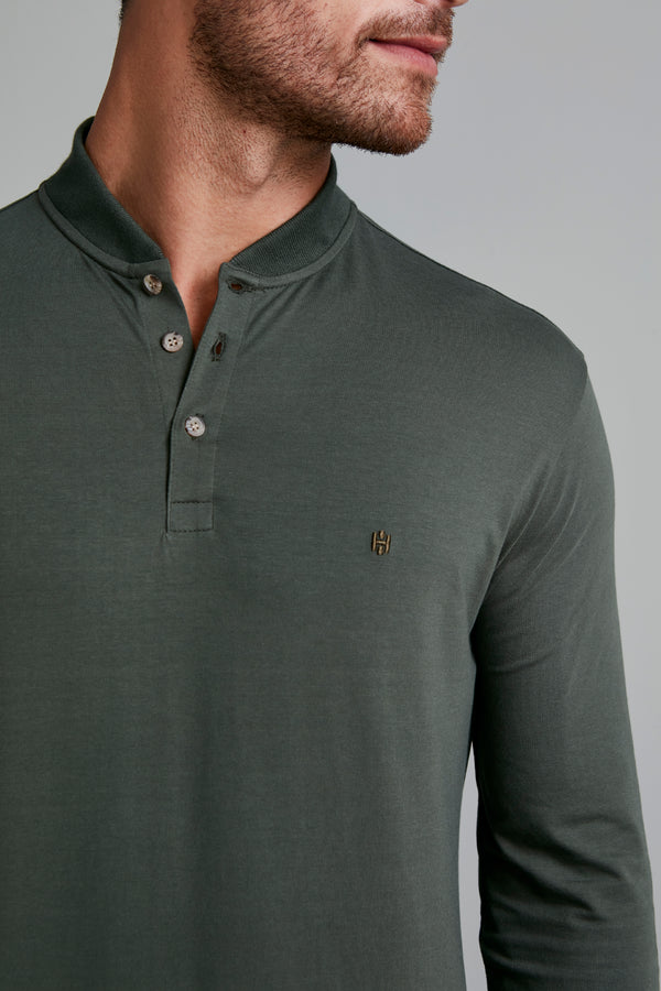 Camisa Polo Manga Longa Malha Slim Fit - Verde Escuro