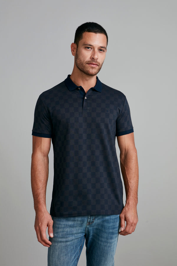 Camisa Polo Jacquard Slim Fit - Azul Marinho