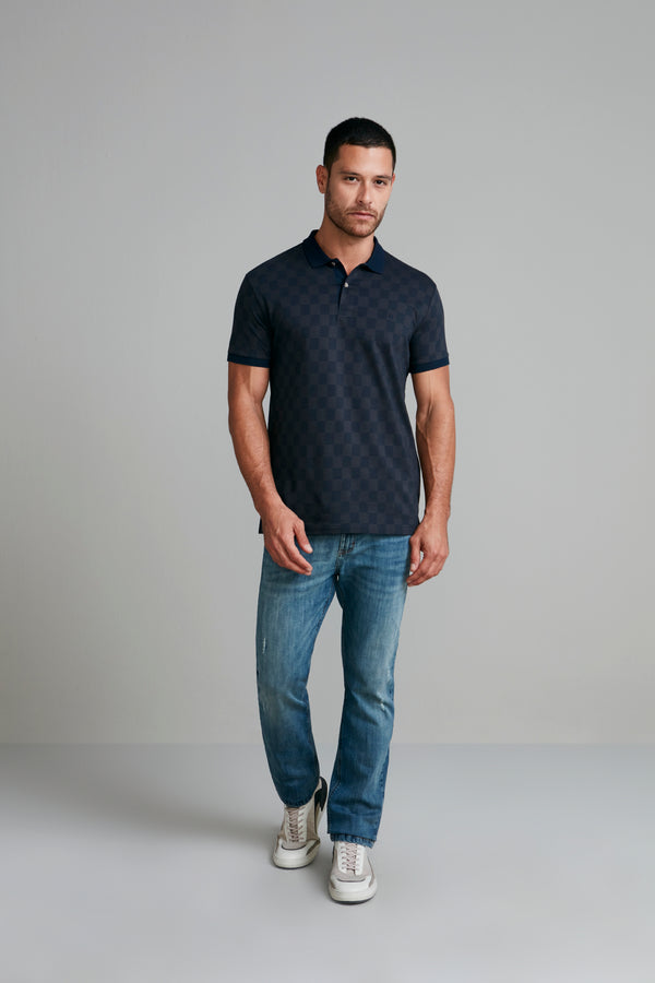 Camisa Polo Jacquard Slim Fit - Azul Marinho