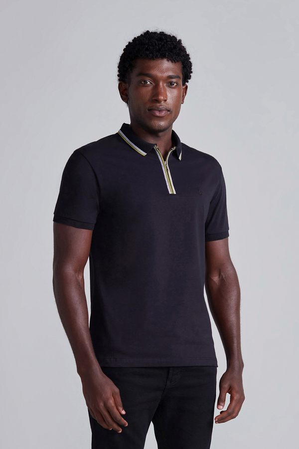 Camisa Polo com Zíper Malha Slim Fit - Preto