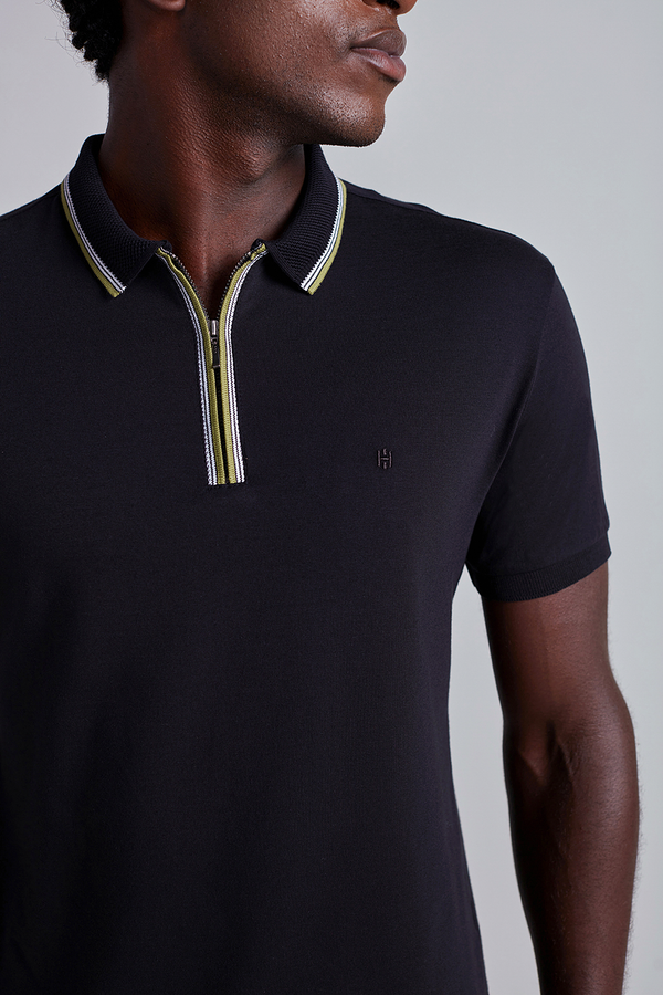 Camisa Polo com Zíper Malha Slim Fit - Preto