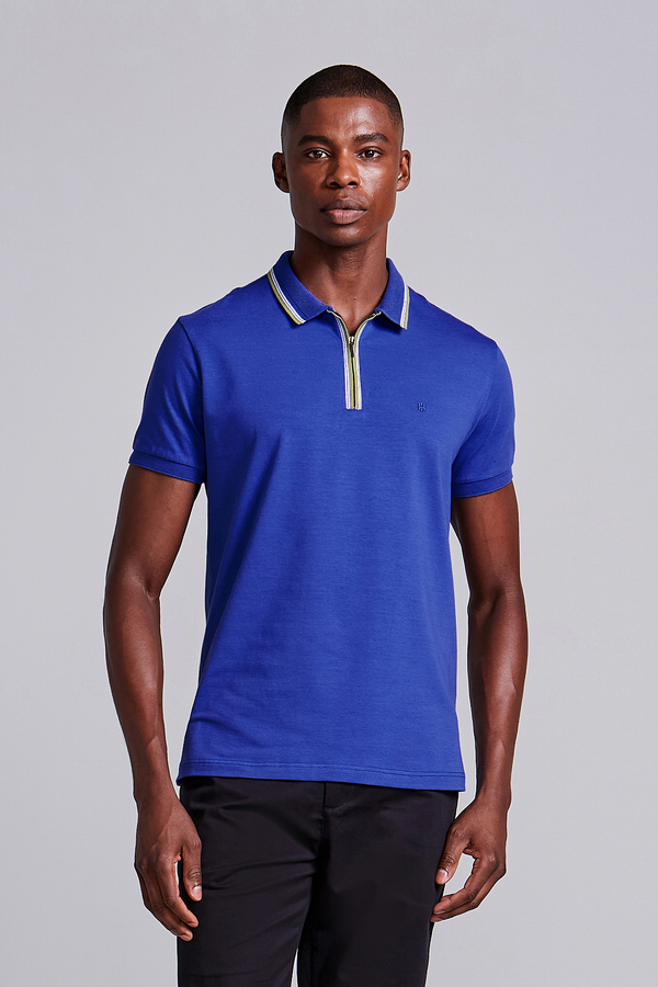 Camisa Polo com Zíper Malha Slim Fit - Azul