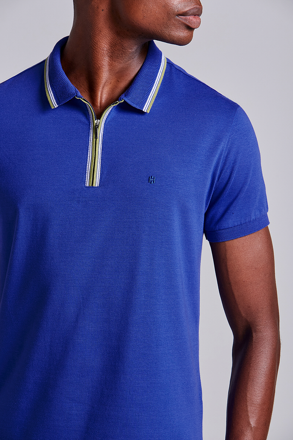 Camisa Polo com Zíper Malha Slim Fit - Azul