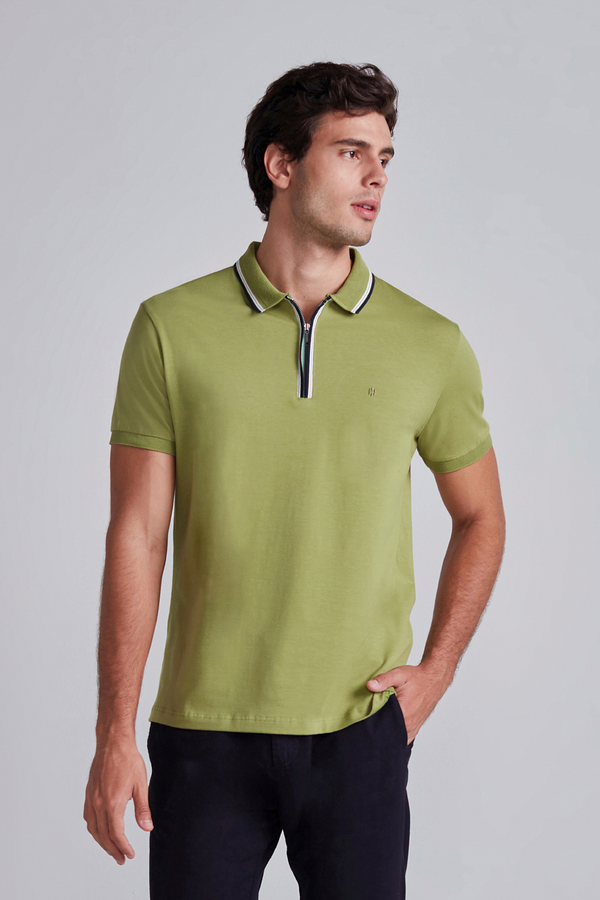 Camisa Polo com Zíper Malha Slim Fit - Verde