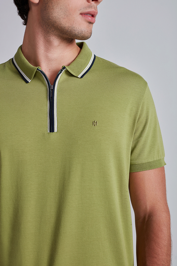 Camisa Polo com Zíper Malha Slim Fit - Verde