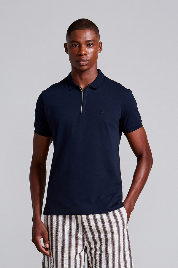 Camisa Polo com Zíper Malha Slim Fit - Azul Marinho