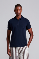 Camisa Polo com Zíper Malha Slim Fit - Azul Marinho