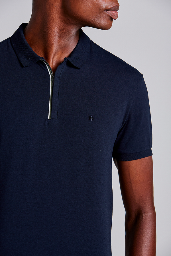Camisa Polo com Zíper Malha Slim Fit - Azul Marinho