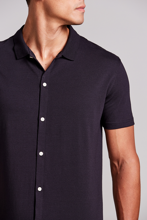 Camisa Manga Curta Lisa Malha Slim Fit - Preto