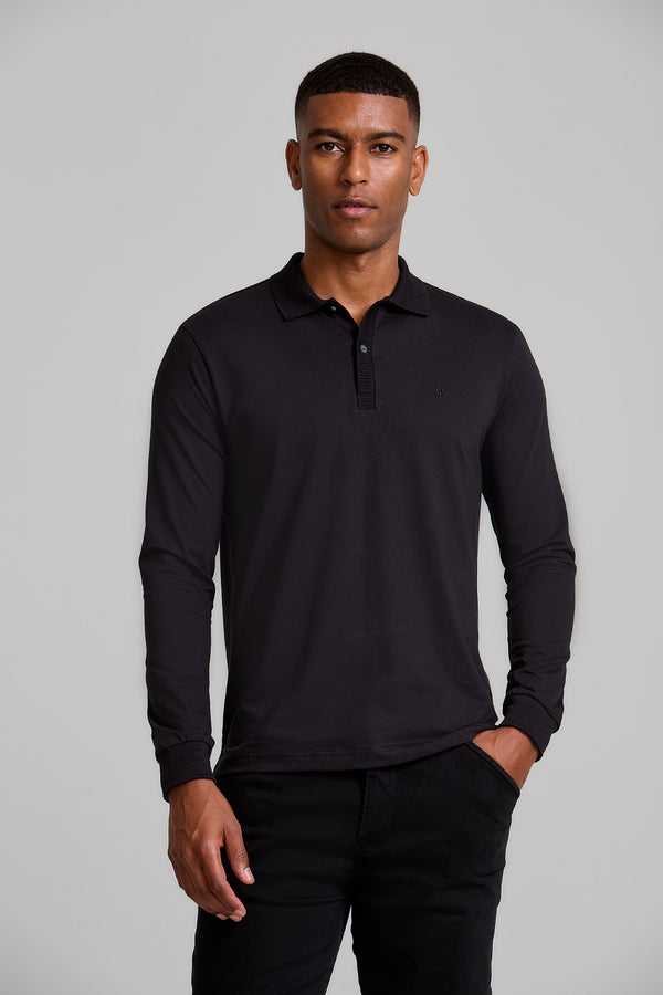 Camisa Polo Manga Longa Malha Slim Fit - Preto