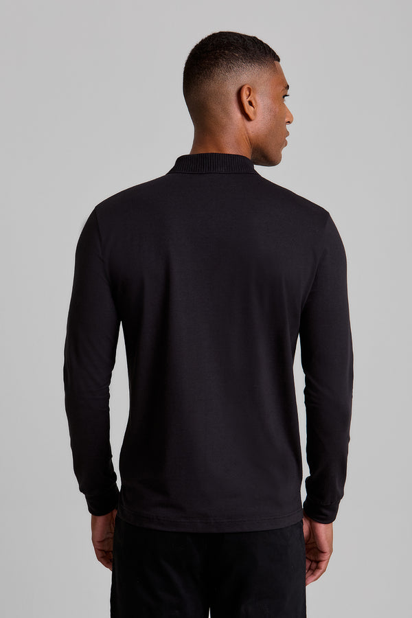 Camisa Polo Manga Longa Malha Slim Fit - Preto