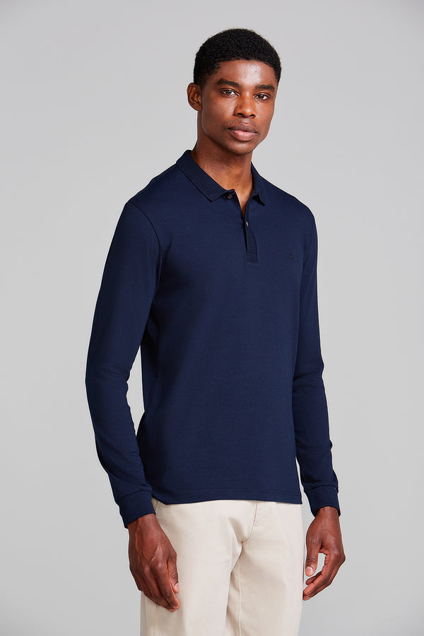 Camisa Polo Manga Longa Malha Slim Fit - Azul Marinho