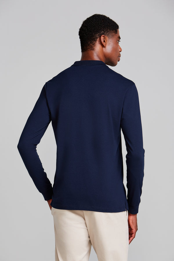 Camisa Polo Manga Longa Malha Slim Fit - Azul Marinho