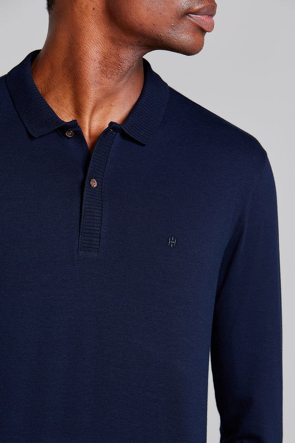 Camisa Polo Manga Longa Malha Slim Fit - Azul Marinho