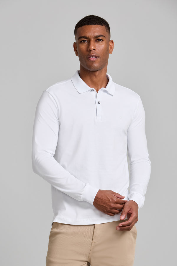 Camisa Polo Manga Longa Malha Slim Fit - Branco