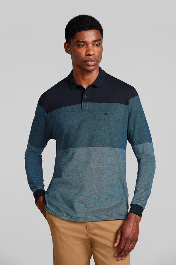 Camisa Polo Manga Longa Piquet Comfort - Azul Marinho / Marrom Bali
