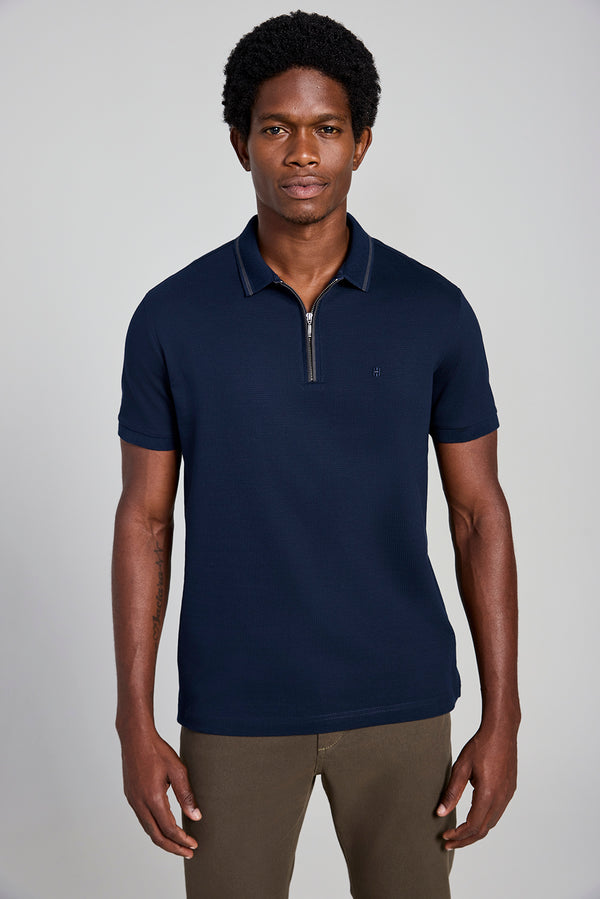 Camisa Polo com Zíper Jacquard Slim Fit - Azul Marinho