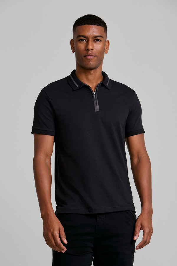 Camisa Polo com Zíper Malha Slim Fit - Preto