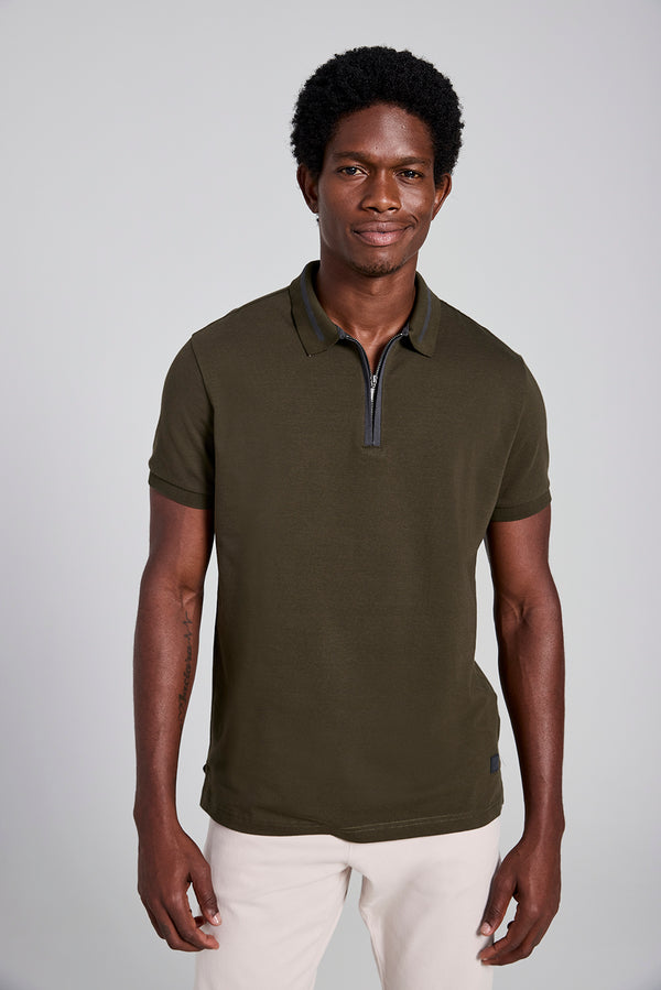 Camisa Polo com Zíper Malha Slim Fit - Verde